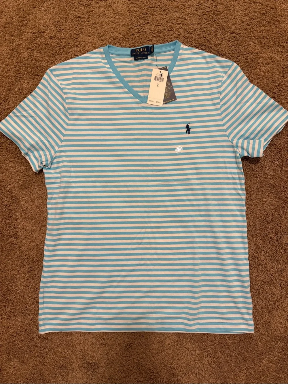 Polo by Ralph Lauren Light Blue & White Striped V-Neck Tee